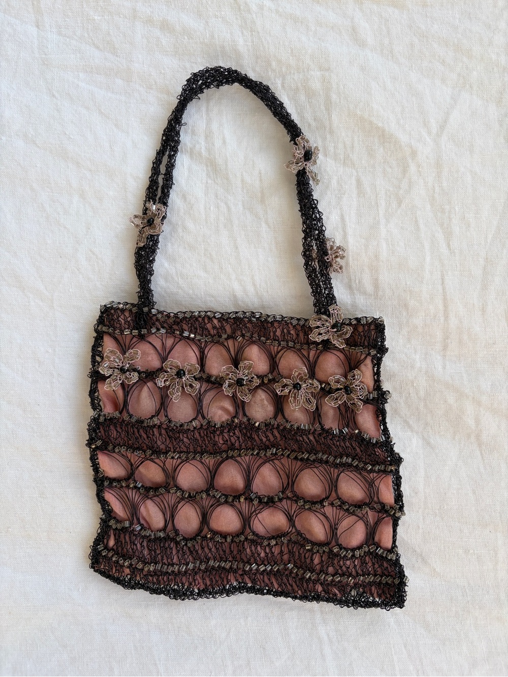 Vintage Lisa Toland Crochet Mesh Beaded Flower Mini Bag Purse Tote Black Pink